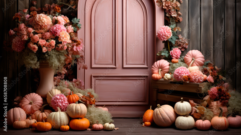 Halloween background with pumpkins,flowers and old wooden door