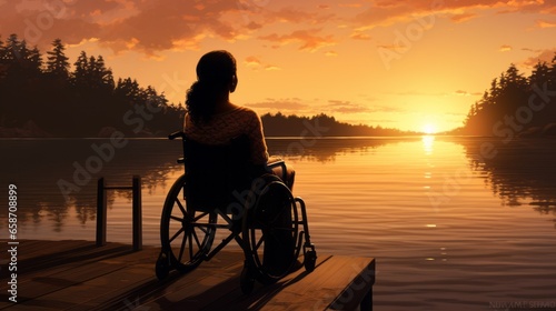 Afro-American woman in a wheelchair in sunset at the lake