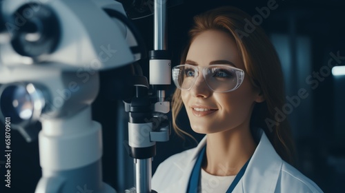 Female ophthalmologist using apparatus