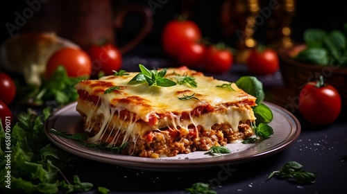 Lasagna in baking dish on the table