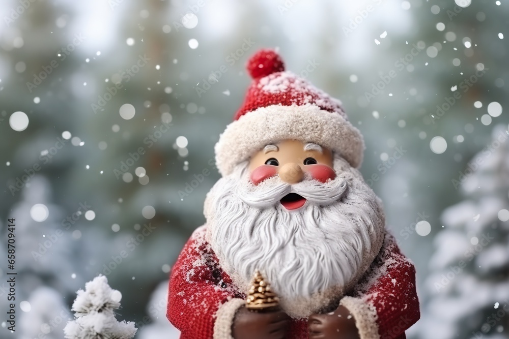 Christmas decoration with cute cheerful santa in the snow in the winter forest bokeh background Christmas decoration with cute cheerful santa in the snow in the winter forest bokeh background