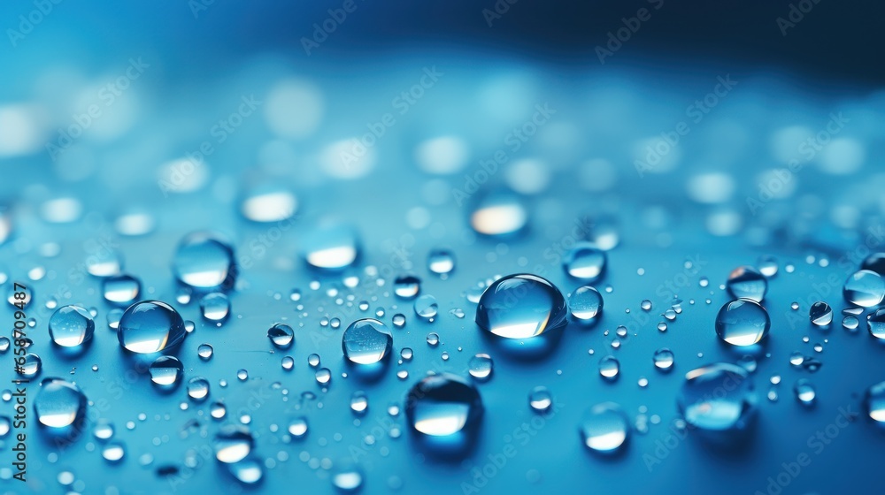 Delicate water droplets on a gradient blue background, gleaming with reflected light.