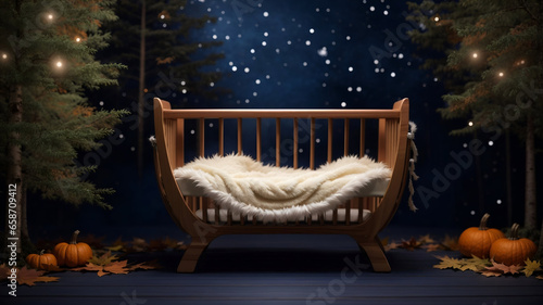 Wooden Crib white cream fur blanket  for newborn  backdrop Photography