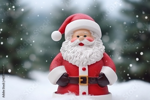 Christmas decoration with cute cheerful santa in the snow in the winter forest bokeh background