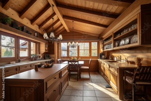 Warm kitchen with wooden ceiling and furniture. Generative AI