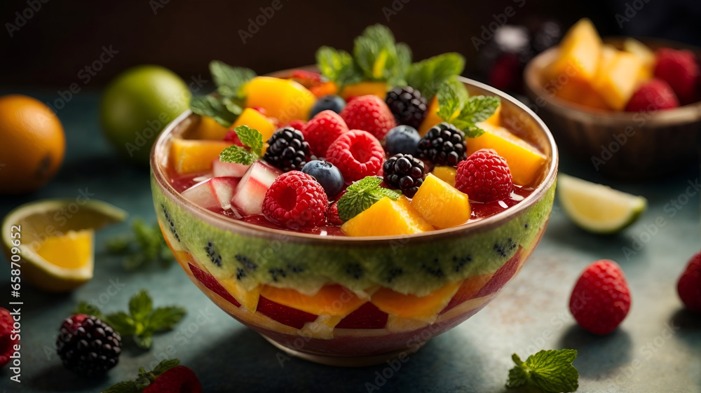 Nutritious Fresh Fruit Salad in a Bowl on a Subtle Dark Background Nutritious Fresh Fruit Salad in a Bowl on a Subtle Dark Background