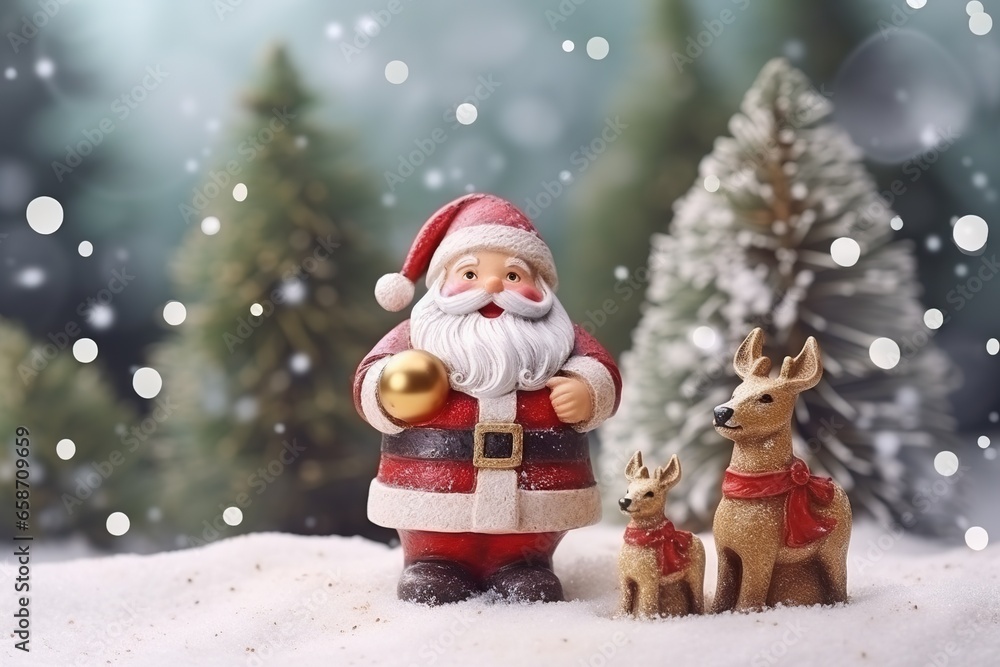 Christmas decoration with cute cheerful santa and reindeer in the snow in the winter forest bokeh background Christmas decoration with cute cheerful santa and reindeer in the snow in the winter forest bokeh background