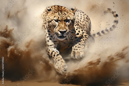A cheetah running through dust with intense speed and agility