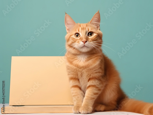 Artistic Tabby Cat and the Yellow Canvas,cat with blank board