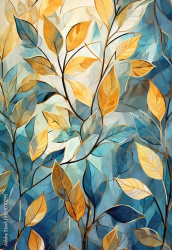 Leaves painted on a vibrant blue background
