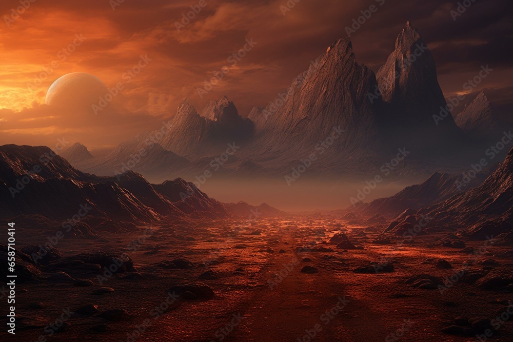 Illustration of a extraterrestrial planet with a rugged and sandy terrain, featuring a road amidst mountains. Misty and cosmic landscape resembling cinematic concept art. Generative AI