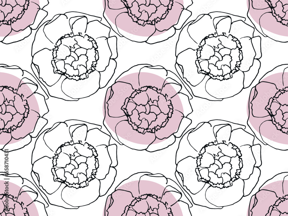Seamless pattern with pink flowers. Hand drawn peonies in pastel colors. Trendy linear style Vector illustration for wallpaper, textile, packaging, digital paper. Repeated Romantic delicate flowers.