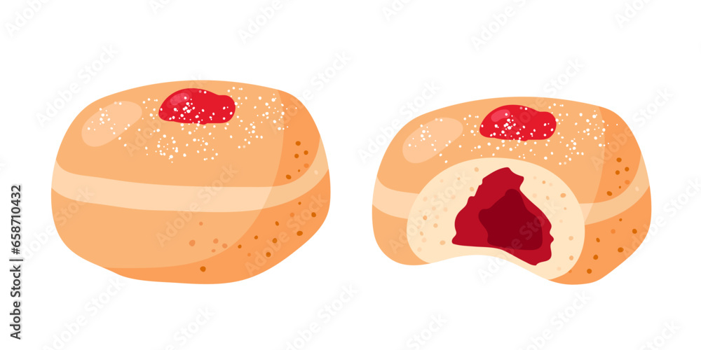 Hanukkah bakery doughnut whole and bitten cartoon flat vector illustration. Traditional Chanukah donuts sufganiyah. Pastry donut with jam, sweet food for bakery, cafe menu. Sweet unhealthy food