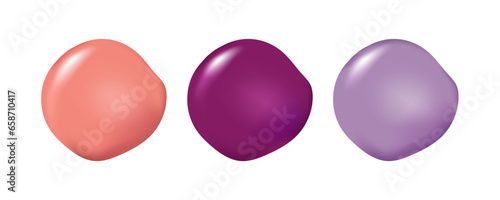 Nail polish samples. Color palette. Colour selection. Cosmetic nail polish blots isolated on white background. Coral, purple, lilac colors nails enamel. Nail product sample. Vector illustration.