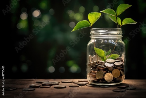A coin-filled glass jar with a thriving plant growing out of it, symbolizing growth and prosperity