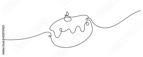 Continuous one line drawing Hanukkah bakery doughnut. Baking shop Logo. Pastry donut with jam, sweet food for bakery, cafe menu. Hand drawn pastries by one line. Fashionable trend vector background
