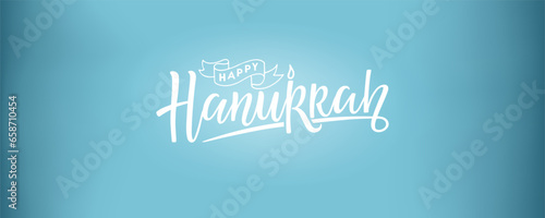 Happy Hanukkah text on blue gradient background. Calligraphy Lettering of jewish holiday logo template. Hanukkah inscription. Jewish Festival of Lights celebration, festive background, menorah symbol
