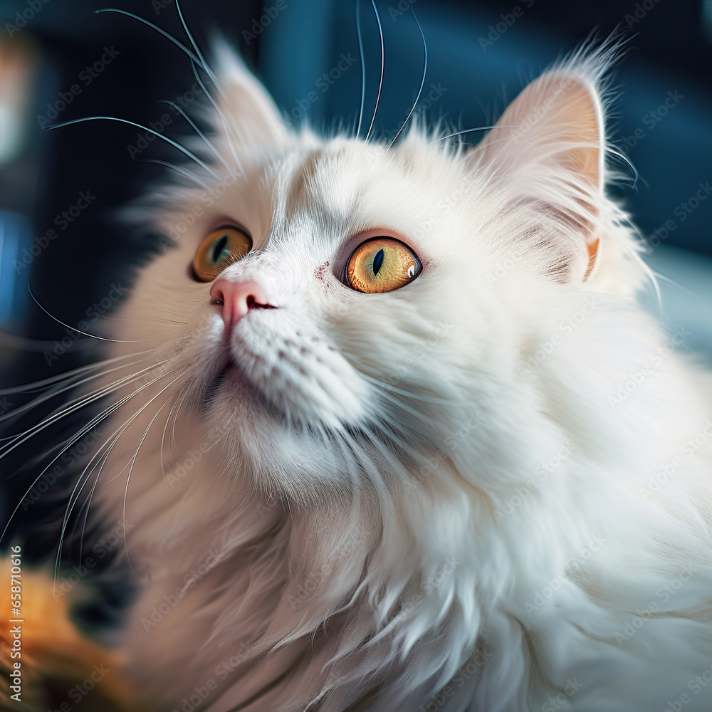 Inquisitive White Cat with Orange Eyes,close up of a cat,portrait of a cat,white persian cat