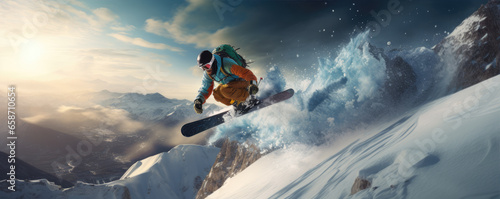 Snowboarder on winter slope in speed. Snowboarder jumping through snowy air. © Michal
