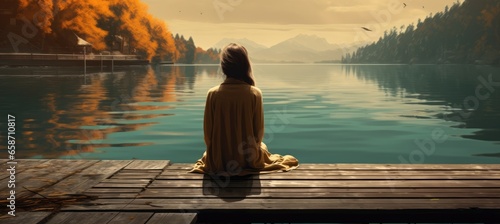 A person enjoying the tranquility of a lakeside view from a dock