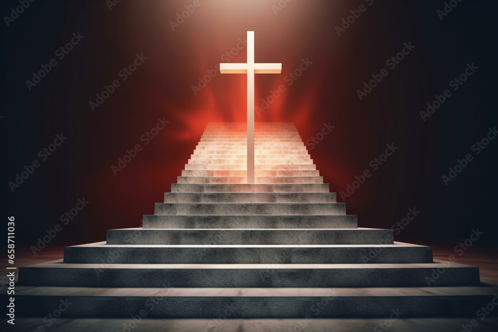 3D rendered image of stairs ascending towards the cross of Jesus Christ. Generative AI
