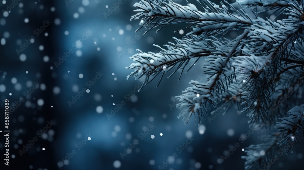 Pine branches adorned with snowflakes under a soft winter moonlight. Pine branches adorned with snowflakes under a soft winter moonlight.