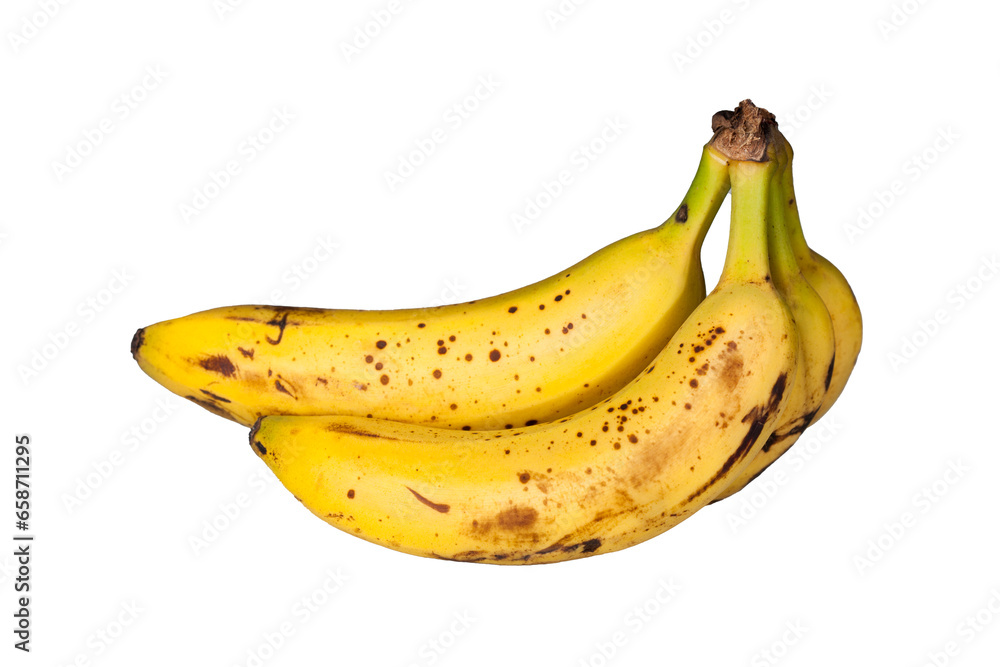 Tres plátanos maduros sobre fondo transparente