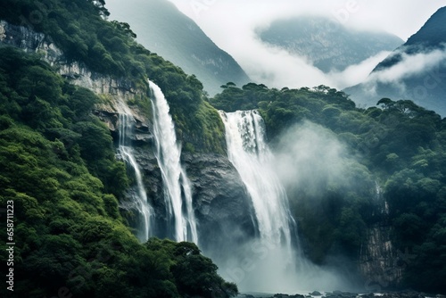 Breathtaking waterfall amidst mist and mountains, offering copy space. Awe-inspiring landscape in nature's backdrop. Generative AI