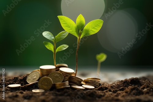 A plant growing from a pile of coins, symbolizing growth and wealth