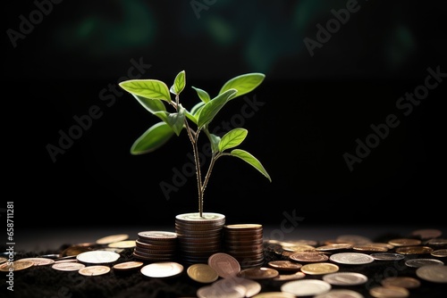 A plant sprouting from a stack of coins, representing growth and prosperity