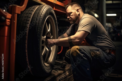 Tire shop worker changing a car wheel
