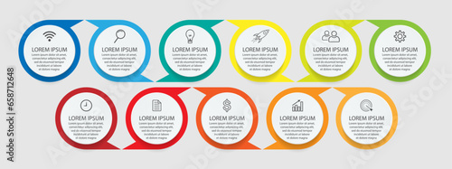 infographic template design, minimalist concept, interconnected circles with 11 steps, lines and colors in each step, good for your business presentation