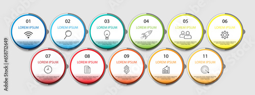 infographic template design, minimalist concept, interconnected circles with 11 steps, lines and colors in each step, good for your business presentation