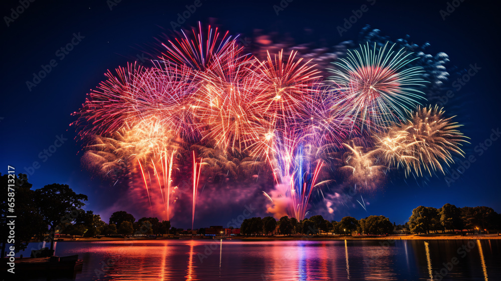 Fototapeta premium Fireworks in the city at night.