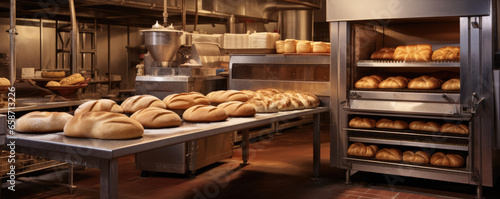 Fresh bread and pastries in bakery,