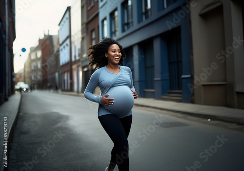 sporty pregnant african american woman running on street, expecting lady doing sport outside, Healthy lifestyle during pregnancy.