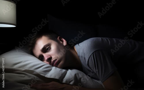 Young man in bedroom feeling sad tired and worried suffering depression in mental health.