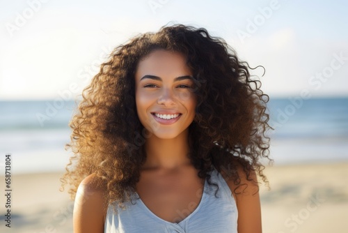 A joyful woman enjoying a day at the beach