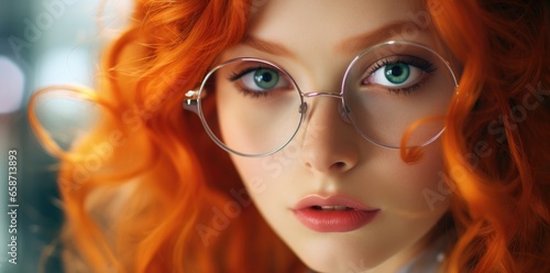 A woman with red hair and glasses