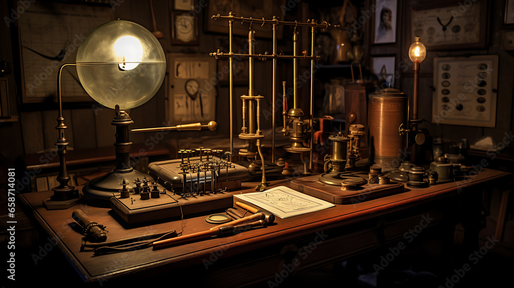 a high-resolution, realistic image depicting a late 19th-century telegraph station. The scene should showcase an intricately designed telegraph machine with brass and wood - obrazy, fototapety, plakaty 