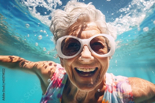 An elderly woman wearing white sunglasses underwater