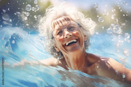 An elderly woman enjoying a refreshing swim in a crystal-clear pool of water © pham