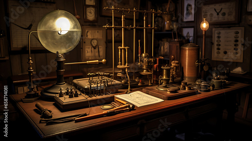 a high-resolution, realistic image depicting a late 19th-century telegraph station. The scene should showcase an intricately designed telegraph machine with brass and wood photo