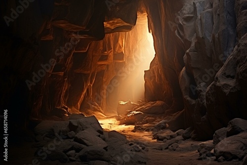 Mysterious passage in ancient rock illuminated by sunlight. Generative AI