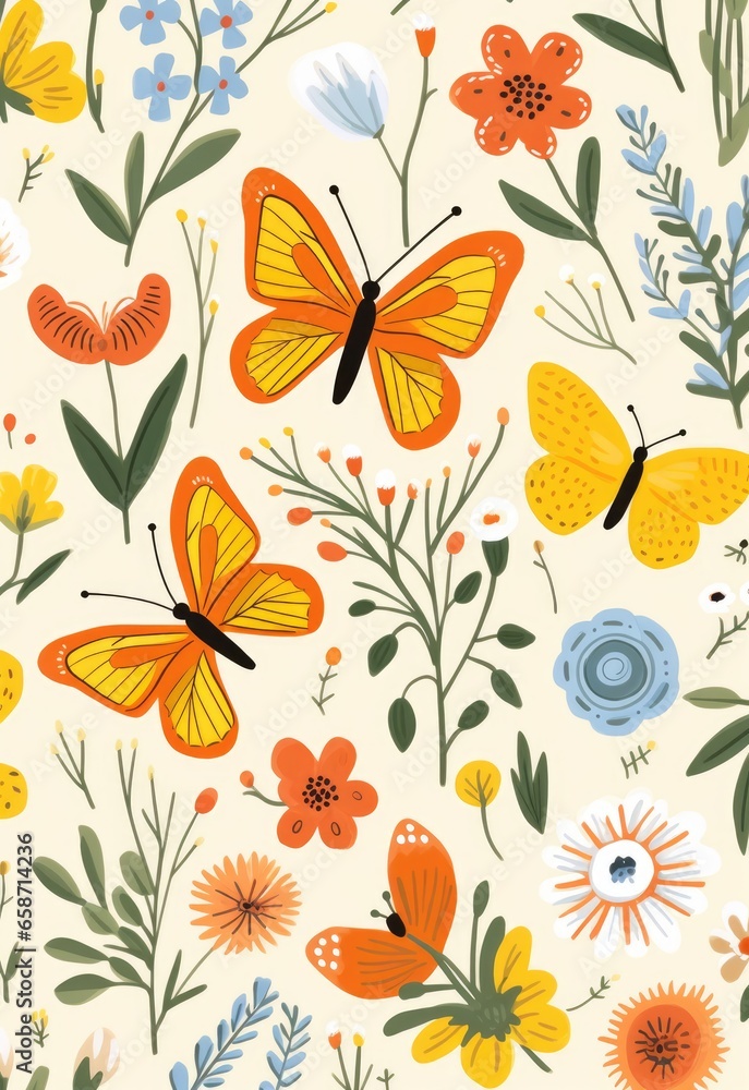 Fototapeta premium Butterflies and flowers pattern on white background