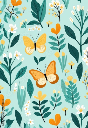 Blue background with yellow butterflies and flowers