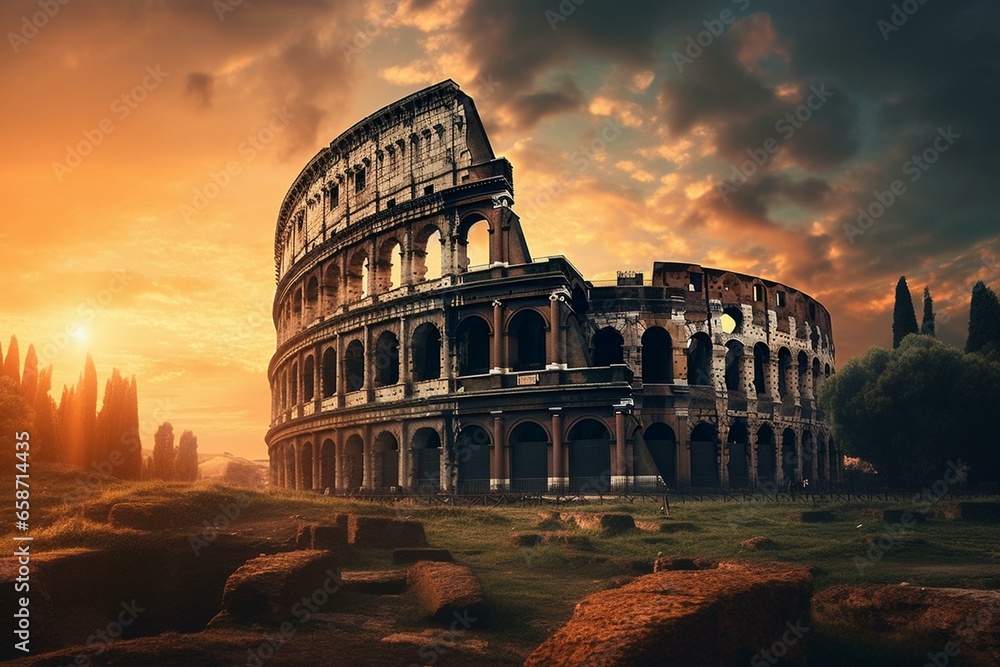 Beautiful sunset at the iconic Colosseum. Generative AI