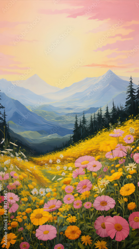 Colorful flower meadow in mountains at sunset.