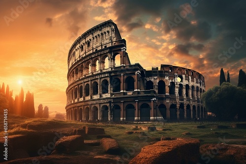Beautiful sunset at the iconic Colosseum. Generative AI
