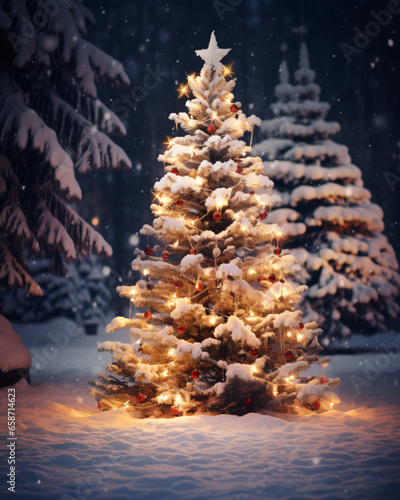 Christmas tree outdoor with snow lights, christmas, tree, winter, snow, holiday, xmas, celebration, illustration, star, tree, night, decoration, , season, new year, snowflake, 4:5 mobile format